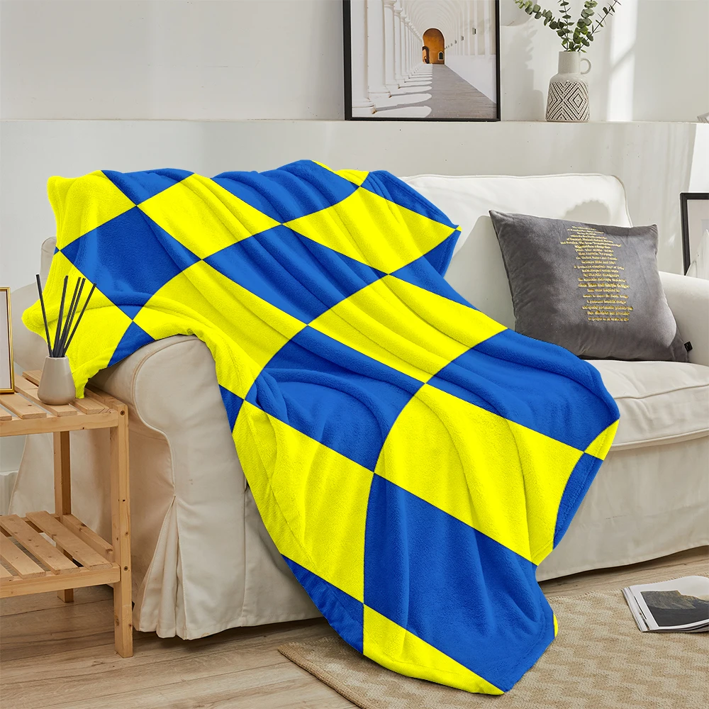 Blue Yellow Warped Checker Warm Flannel Fleece Blanket Thick Soft Cozy Throw Blanket for Winter Bed Couch Plush Bedspread
