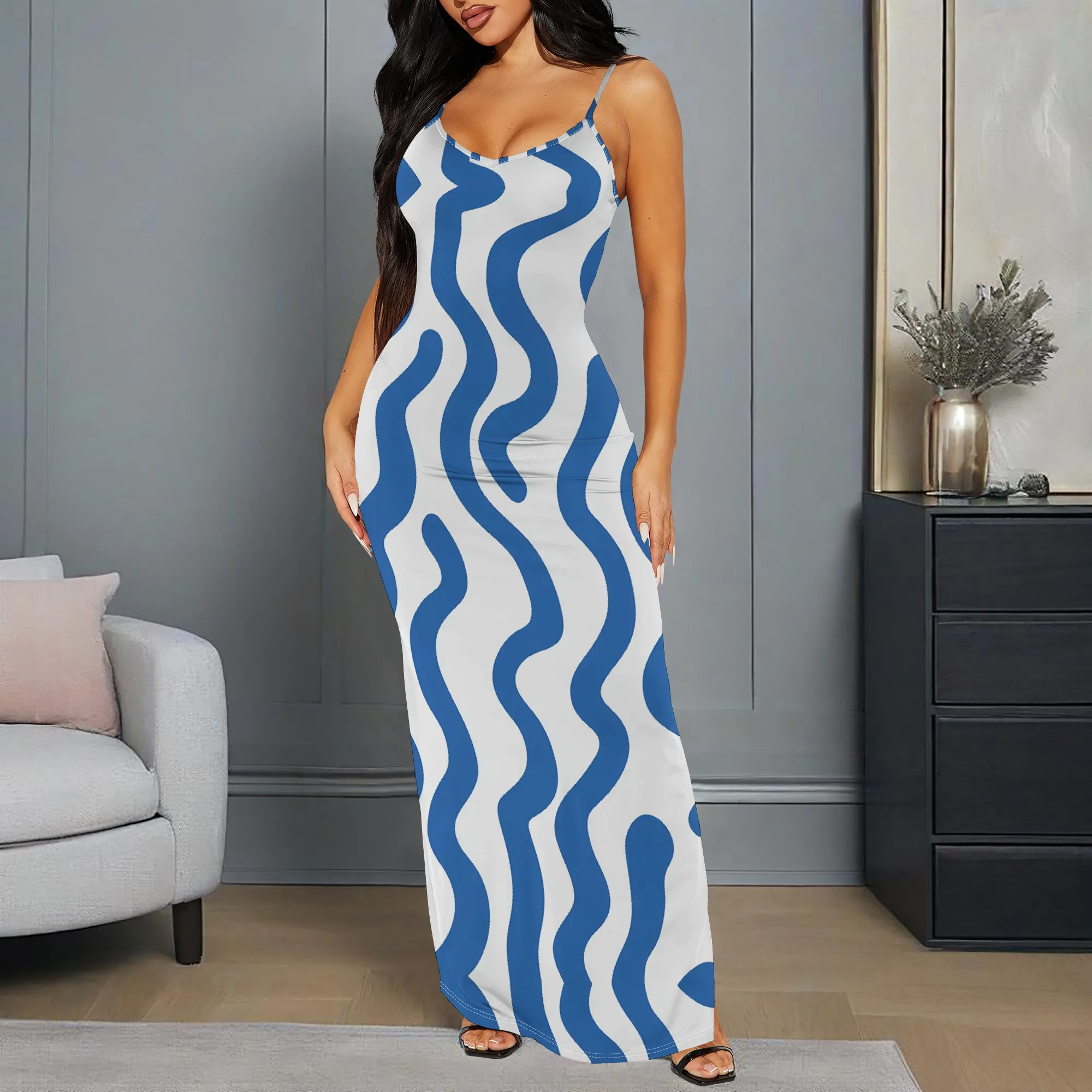 

PsycheVibe Abstract Wave Bodycon Maxi Slip Dress Cami Festival Club Party Blue White XS-3XL