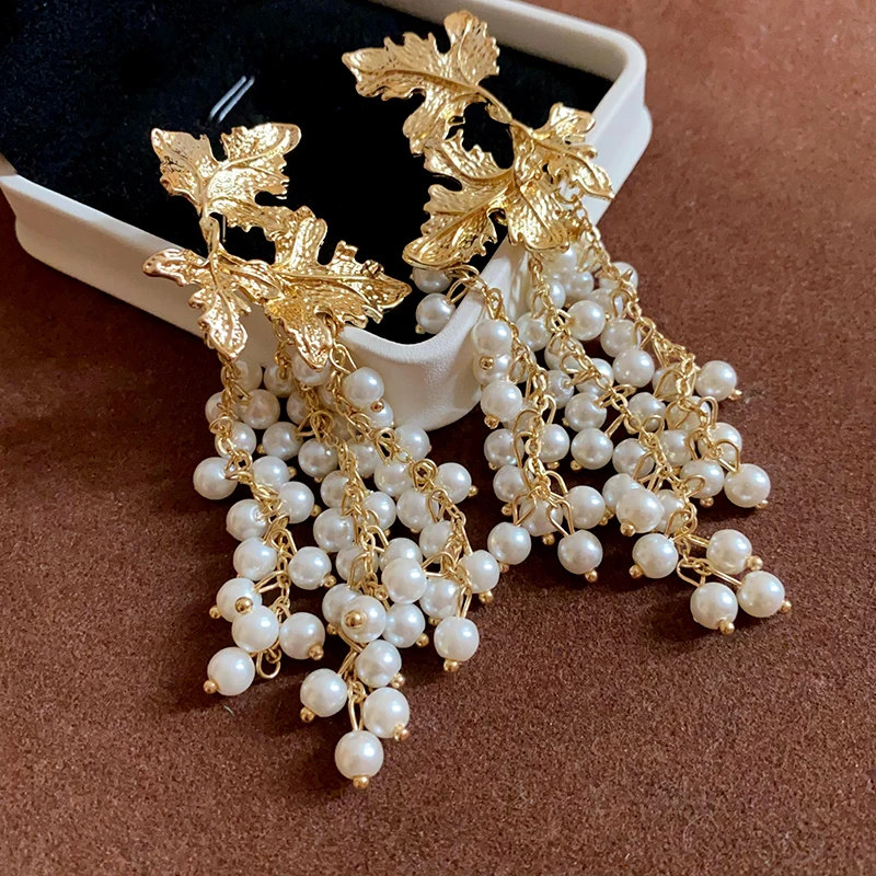 Europe and The United States Exaggerated Maple Leaf Pearl Tassel Earrings Personality Earrings for Women Temperament  Jewelry