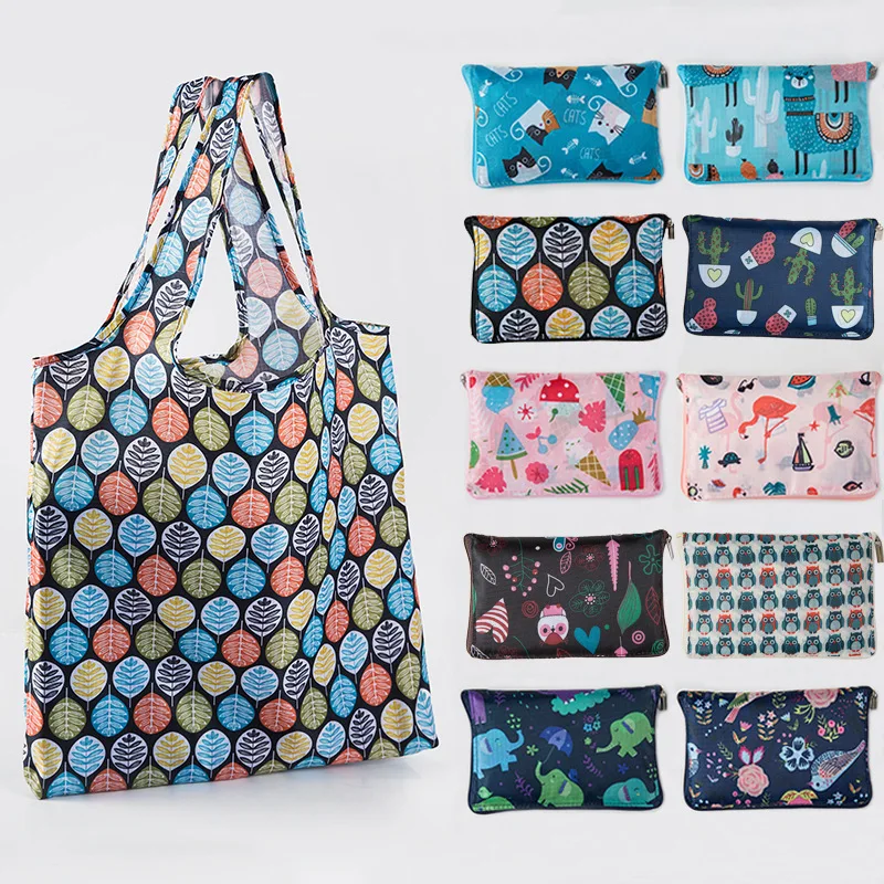 Shopping Bags Fashion Portable Flower Cat Prints and Large Capacity Convenient Nylon Easy to Fold Package Travel  Essential