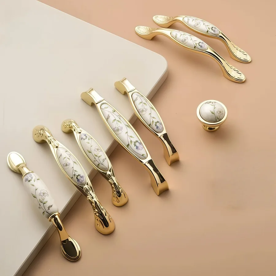European Retro Ceramic Cabinet Knobs Zinc Alloy Carved Handles Universal French Wardrobe Shoe Cabinet Drawer Hardware