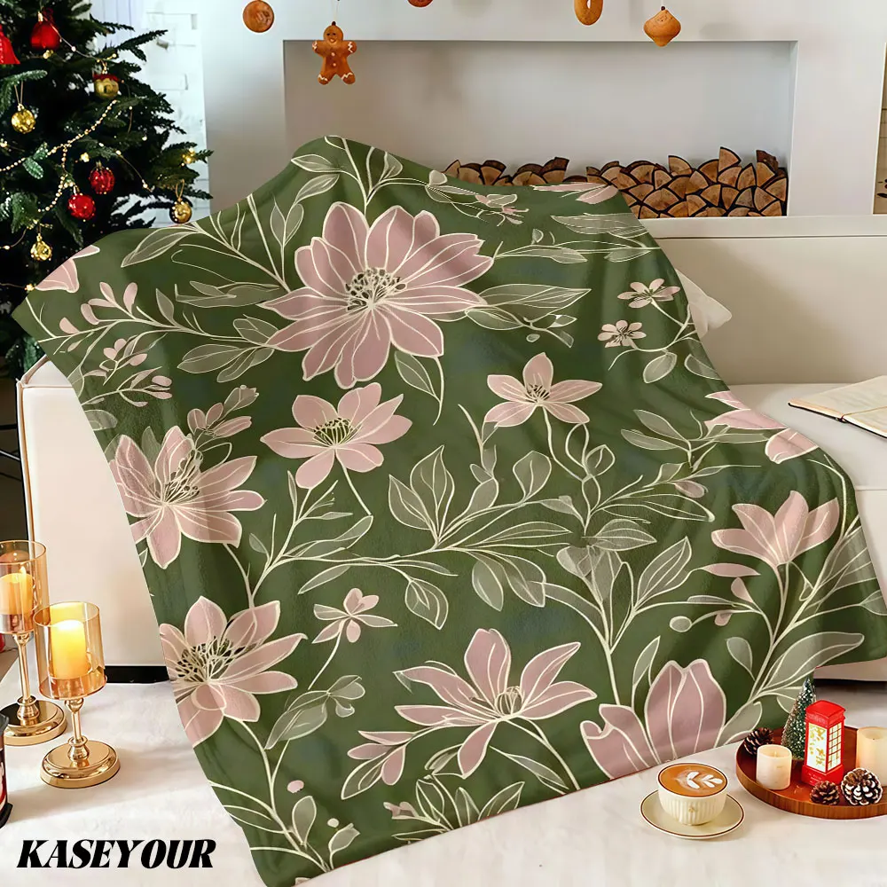 Green Floral Winter Summer Flannel Blanket Throw Fleece Soft Fuzzy Plush Cozy Fleece Blankets for Sofa Ideal Gifts
