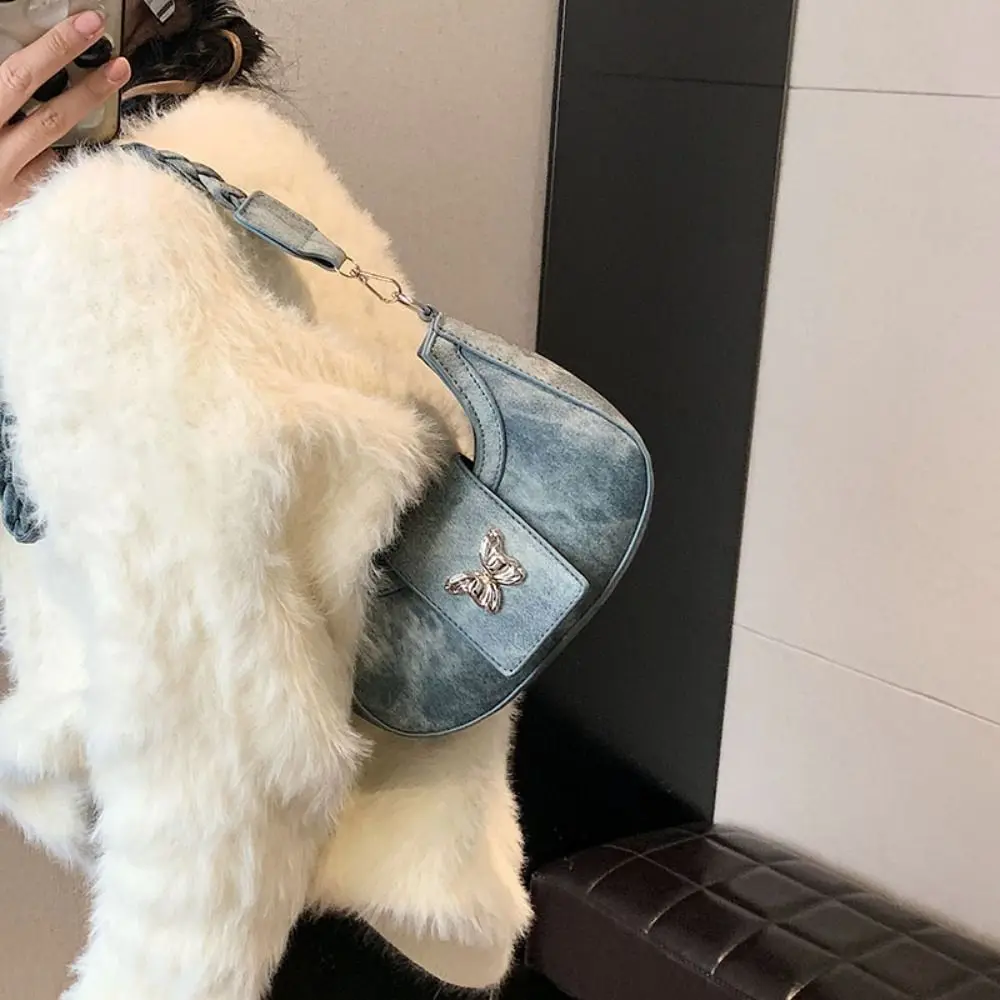 

Fashion PU Leather Butterfly Crossbody Bag Denim Color Woven Strap Hobos Handbag Half Moon Bag Solid Color Shoulder Bag Shopping