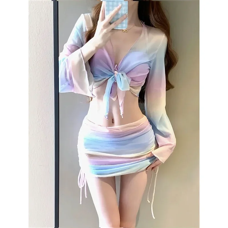 ビキニ 4 ピース ビーチ バケーション 温泉 ソフト カップ 長袖 温泉 カバー シャツ ハンギング ネック スカート 水着 浸かり