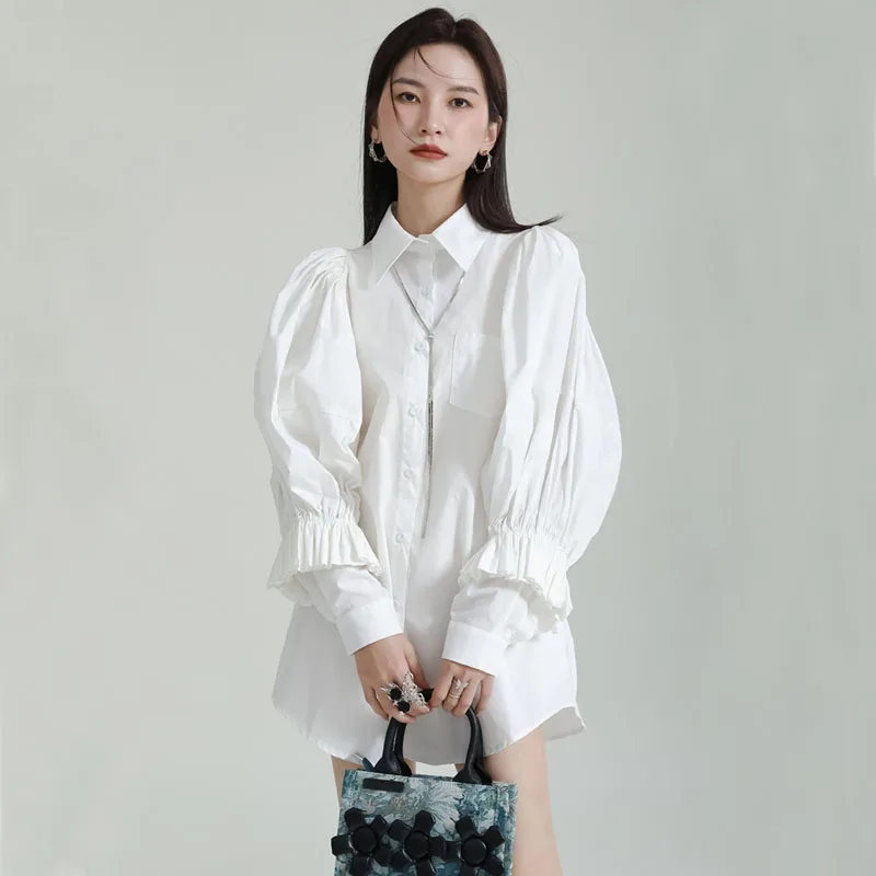 2023 Women Mid Length White Shirts Spring Clothing Lantern Sleeves Tops Loose Slim Lapel Cotton Blouese Black Niche Design Sense