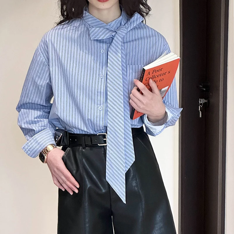 Women Cotton Blouses Bowtie Design Collar Stripe Blue Tops Long Sleeve Loose Blouses Women Tops Casual Clothes Blusas