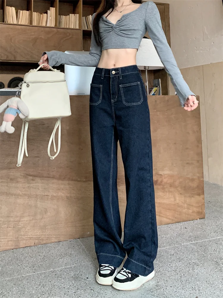 Spring and autumn American-style dark navy blue original color women's jeans high-waisted with contrasting color stitching wide-leg floor-length height-enhancing slimming casual pants