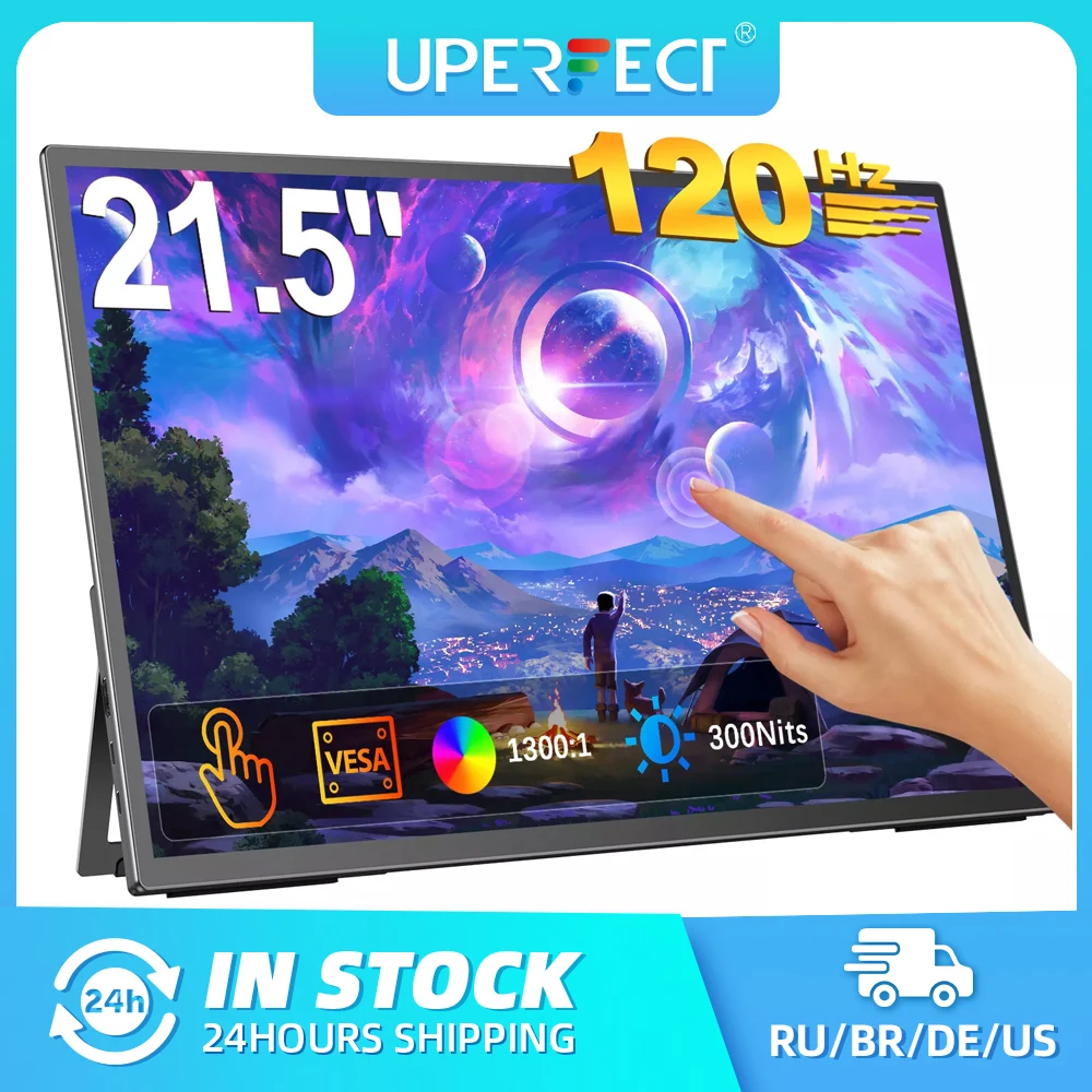 شاشة UPERFECT المحمولة تعمل باللمس مقاس 21.5 بوصة، 120 هرتز، FHD 1080P، مع حامل VESA، مكبرات صوت HDR، USB C، Mini HDMI للهواتف وأجهزة الكمبيوتر الشخصية وأجهزة الألعاب