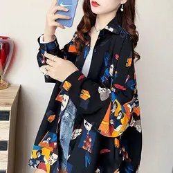 Korean Printed Single-breasted Blouse Long Sleeve Female Fashion Loose Turn-down Collar Thin Casual Shirt Women's Clothing 2023