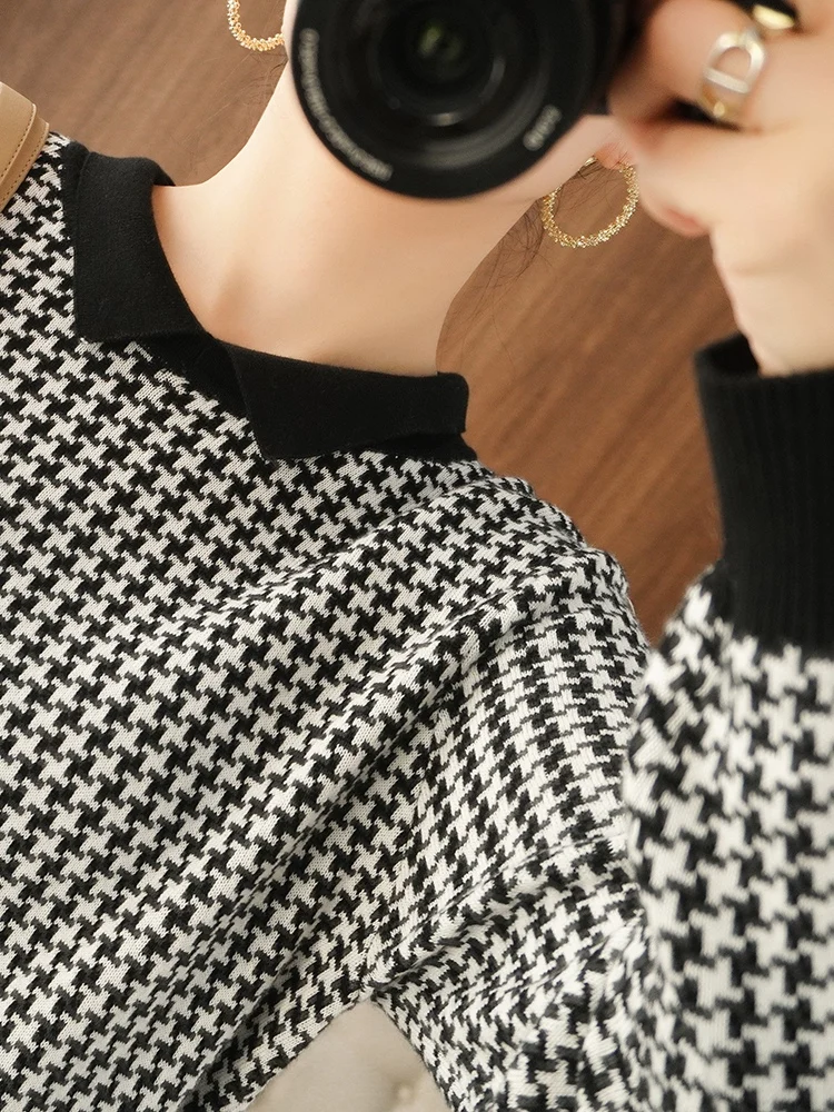 Early Autumn Women 100% Cotton Houndstooth Pattern Knit Sweater O-Neck Pullover Bottoming Sweater Comfortable Breathable Clothes