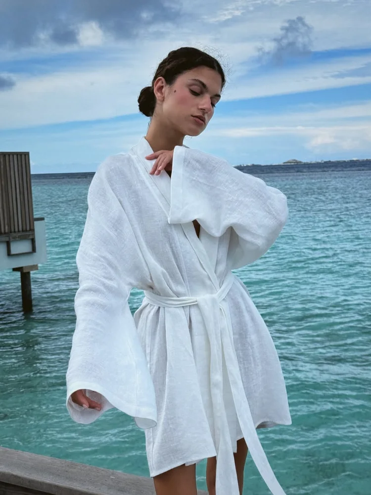 

Women White Cotton Linen Lace Up Dress Elegant Full Sleeve V Neck Loose Short Vestido 2025 New Summer Beach Casual Holiday Robes