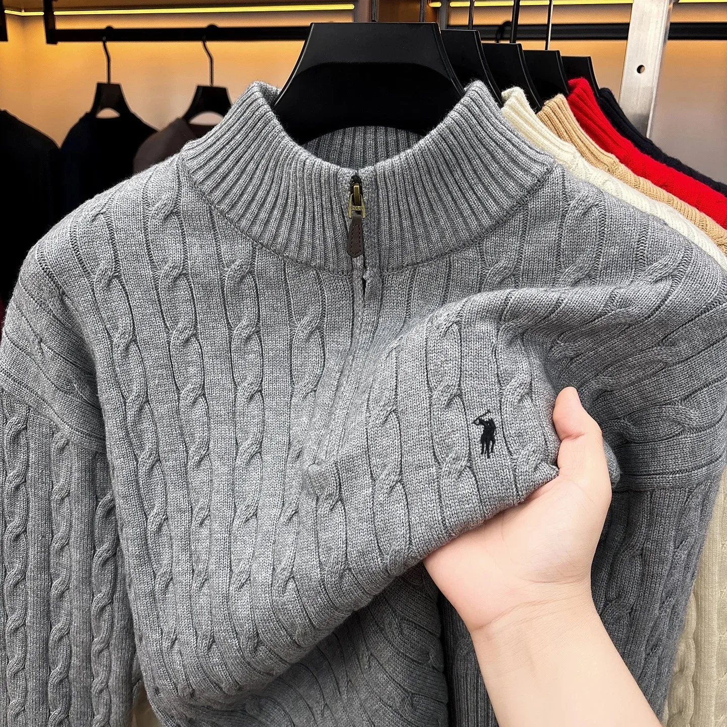 Mode Halb-Reißverschluss Pullover Herren Herbst Winter Wärme neue schöne Zipper Design Luxusmarke Golf Pony Stickerei Stricken Sweater – Detail 14