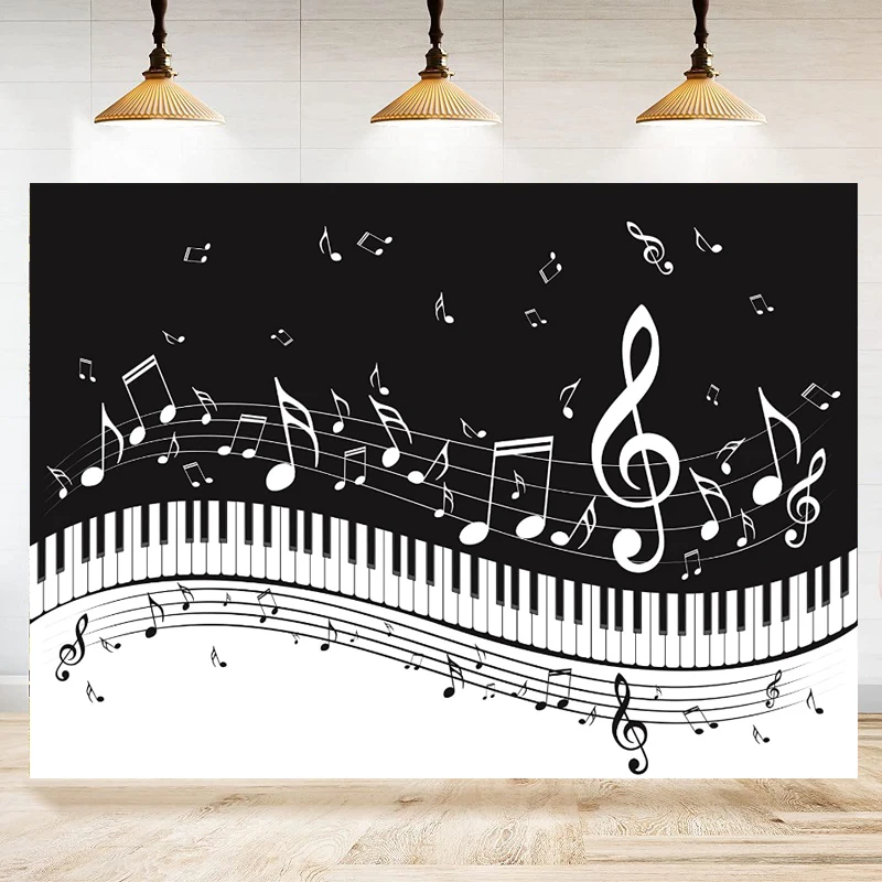 

Photography Backdrop Musical Note Keys Black And White Background Poster Piano Keyboard Music Theme Birthday Party Decor Banner