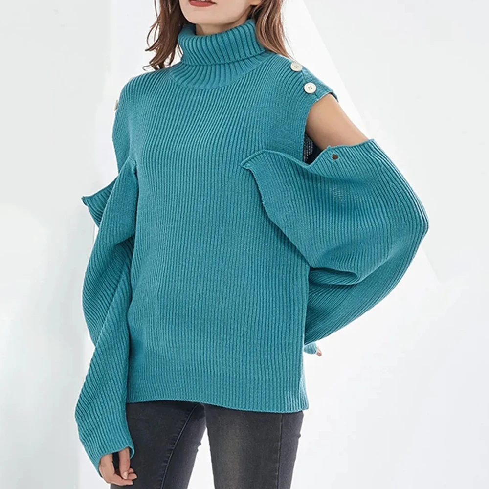 TWOTWINSTYLE Solid Knitting Sweater For Women Turtleneck Long Sleeve Spliced Buttons Hollow Out Pullover Sweaters Female Fashion