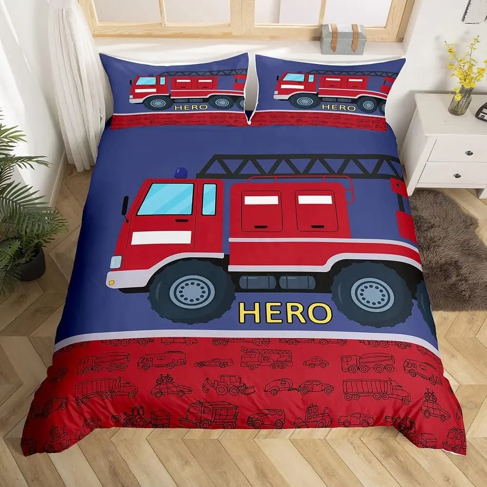 Fire Truck Print Duvet Cover Twin Queen for Kids Adults,Fire Engine Comforter Cover Microfiber Cartoon Firefighter Bedding Set