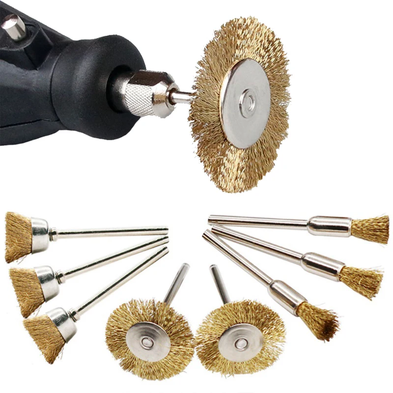 9Pcs Steel Wire Brass Brush Brushes Rotary Tool Electric For Dremel Drill Polishing Grinding Wheel T-shaped Brush Accessories