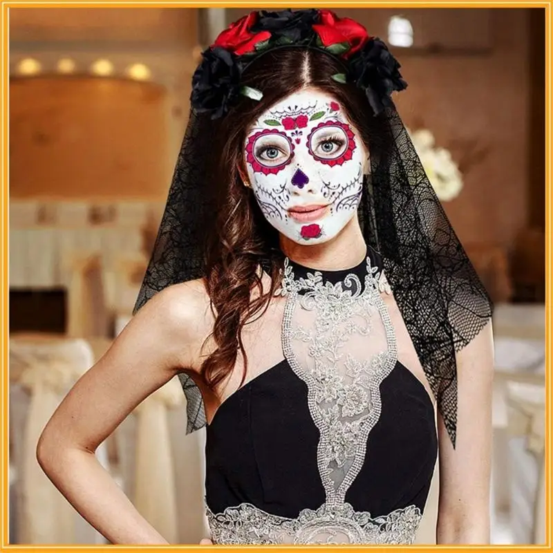 652F Halloween Dag Doden Kostuums Bloem Hoofdbanden Sluier Gezicht Getatoeëerde Stickers Dias los Muerto Vrouwen