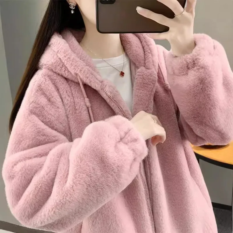 Plush Jacket Women Autumn and Winter Warm Loose Short Top Stand-up Collar Imitation Fur Zipper Thickened Solid Coat for Women