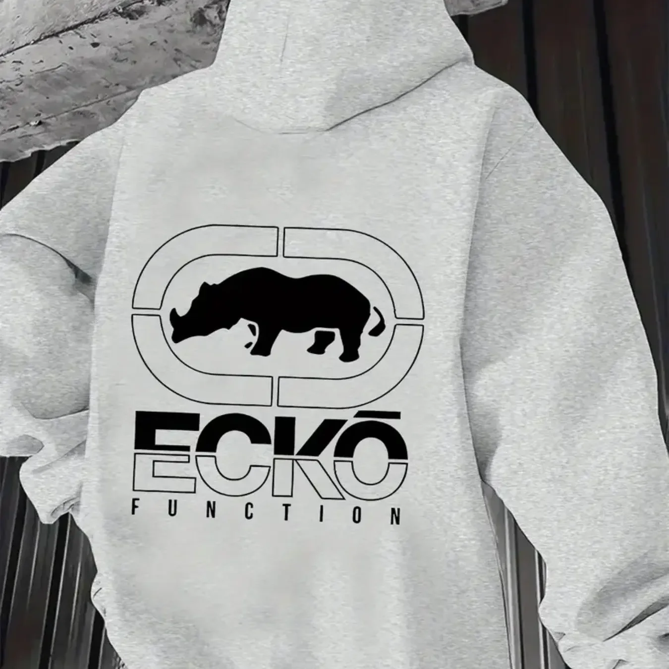 Grey Oversized Ecko Unltd Function Rhino Back Print Hoodie Men Soft Fleece Long Sleeve Casual Daily Hip Hop Hooded Top