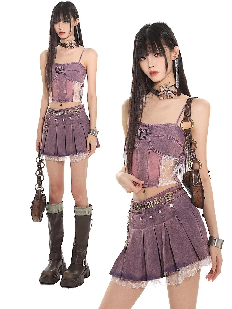 Summer American Hot Girl 2pcs Sets Women Y2k Fashion Lace Patchwork Purple Denim Vest+Pleated Skirts Vintage Korean Slim Set New