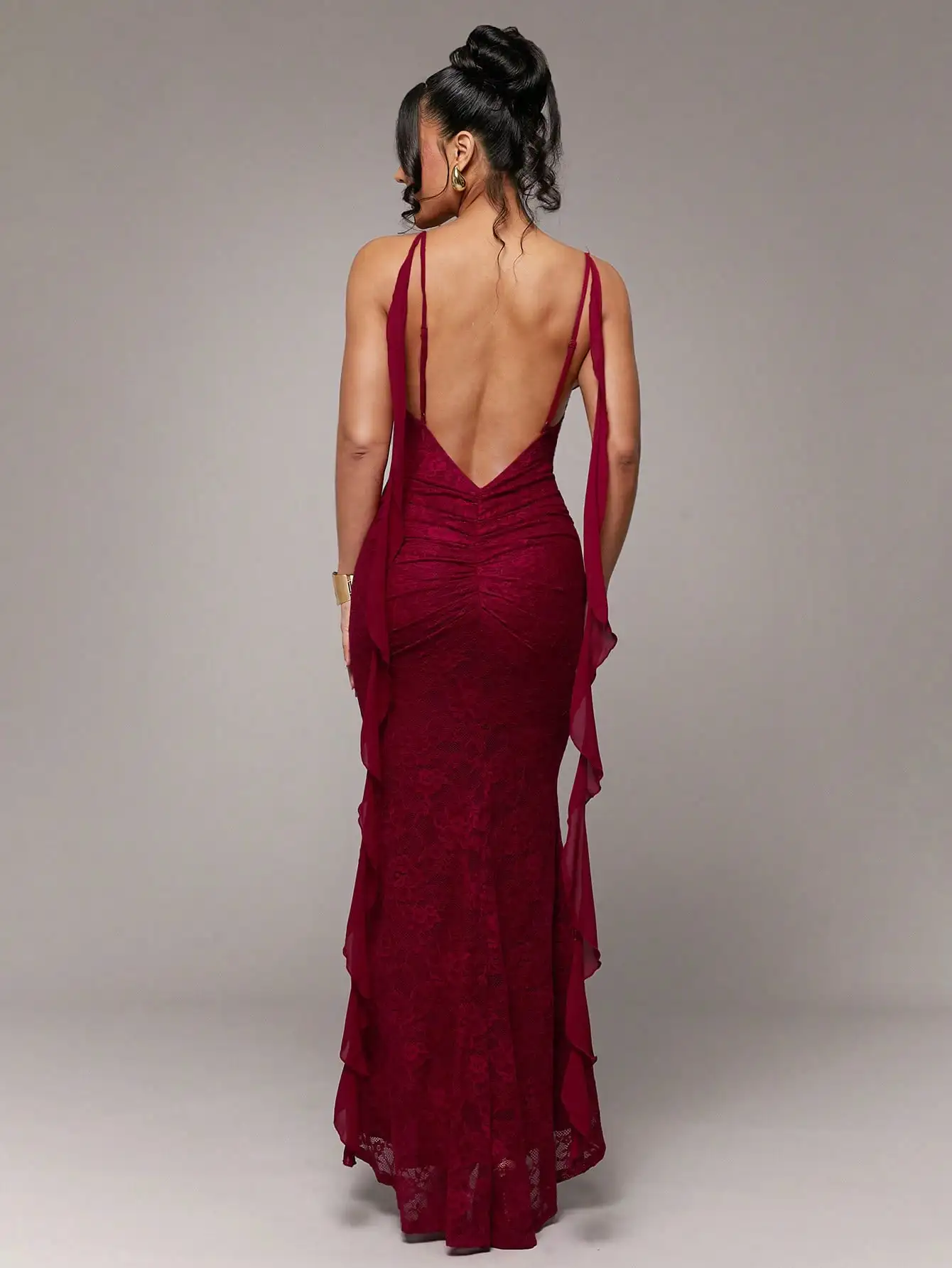 

Women's Deep Red Lace Maxi Dress with Open Back, Ruffle Trim and Sheer Panels