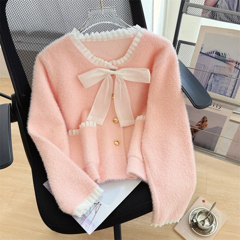 OCEANLOVE Sweet Ruffles Women Sweaters Autumn Winter Bow Korean Fashion Cardigans Contrast Color Elegant Sueter De Mujer