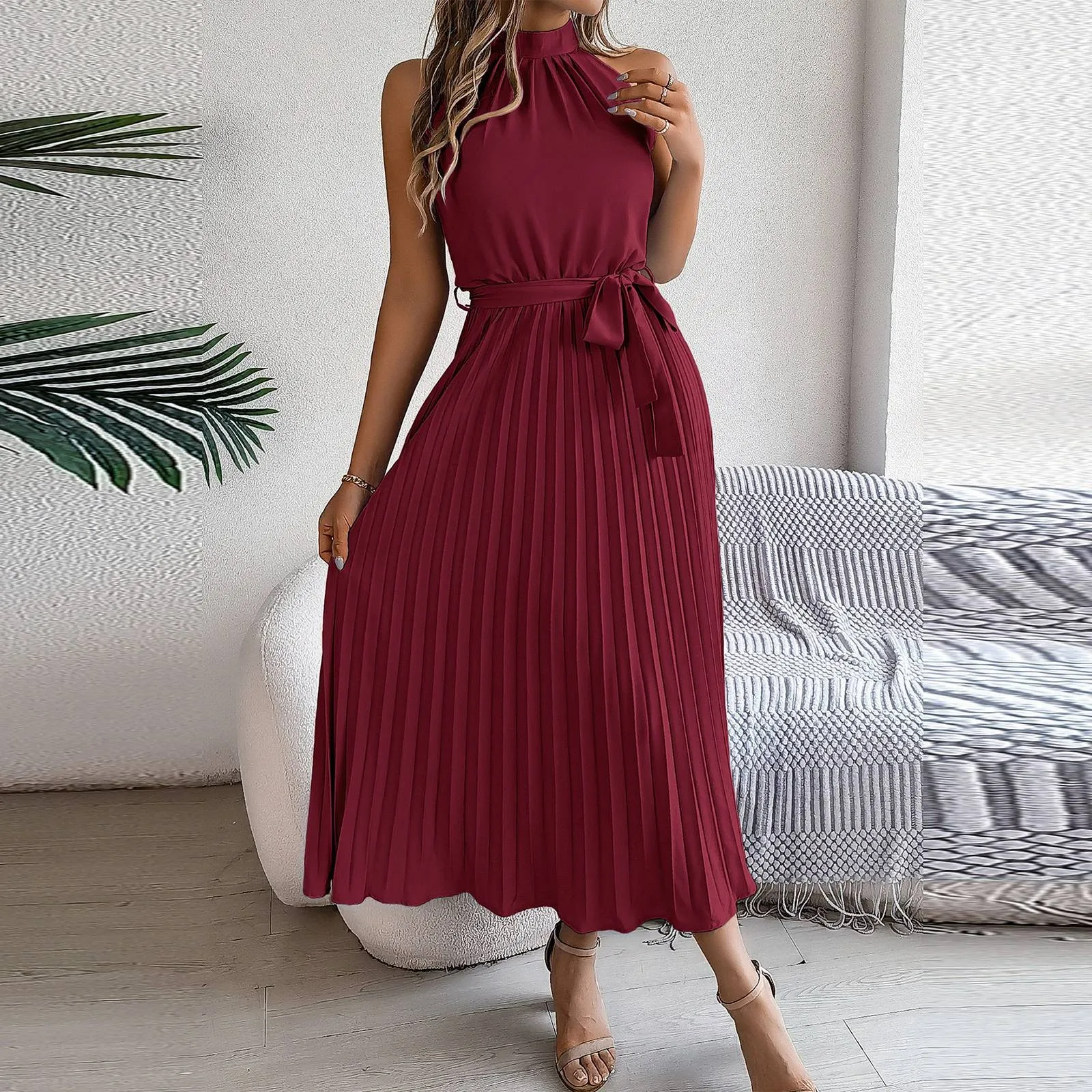 Women'S Versatile Daily Dress Women'S Fashion Retro Solid Color Dress Sleeveless Waist Pleated Skirt Stand Collar Pullover Dress
