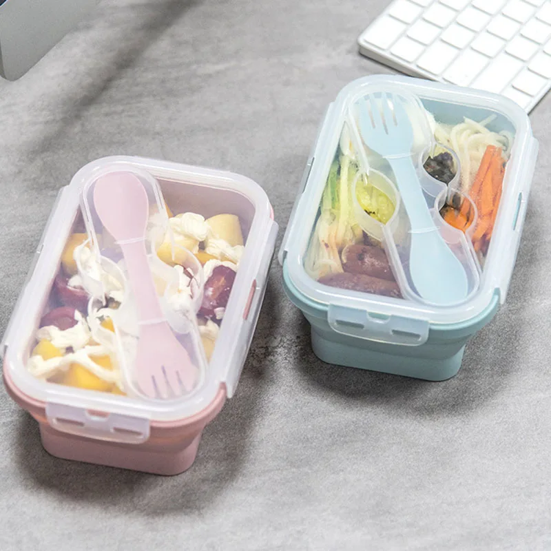 Foldable Silicone Lunch Box Portable Microwave oven Lunch Box with Fork Portable Lunch Box Refrigerated and Fresh-keeping Box