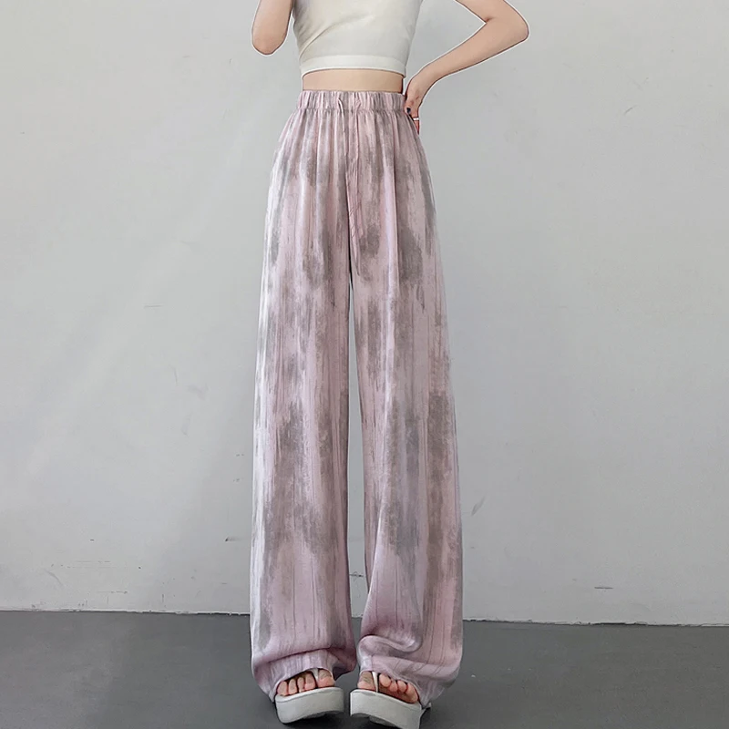 

New Fashion Tie Dye Satin Wide-leg Pants Women 2024 Summer Casual Elastic High Waist Pants Ladies Loose Straight Trousers