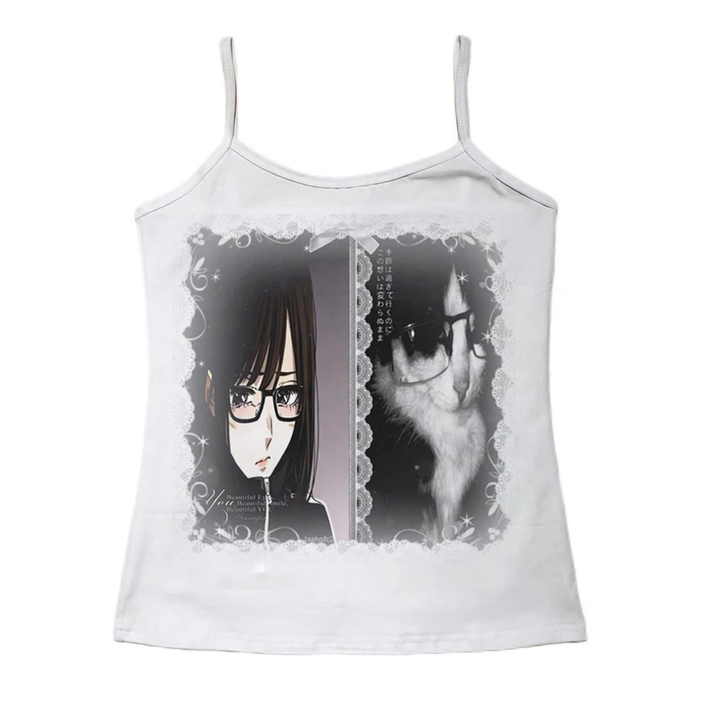Women Anime Girl Glasses Cat Lace Frame Graphic Long Sleeve Top Japanese Manga Print Y2K Soft Goth Harajuku Slim White Cropped S