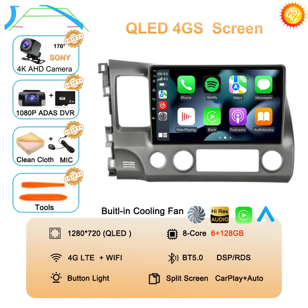Android 16 autoradio voor Honda Civic 8e generatie (2005-2011) multimedia draadloze CarPlay Android Auto