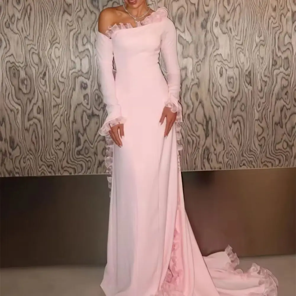 Women One Shoulder Ruffle Prom Dresses Long Sleeve Mermaid Train Formal Evening Gown Ladies Wedding Party Dresses