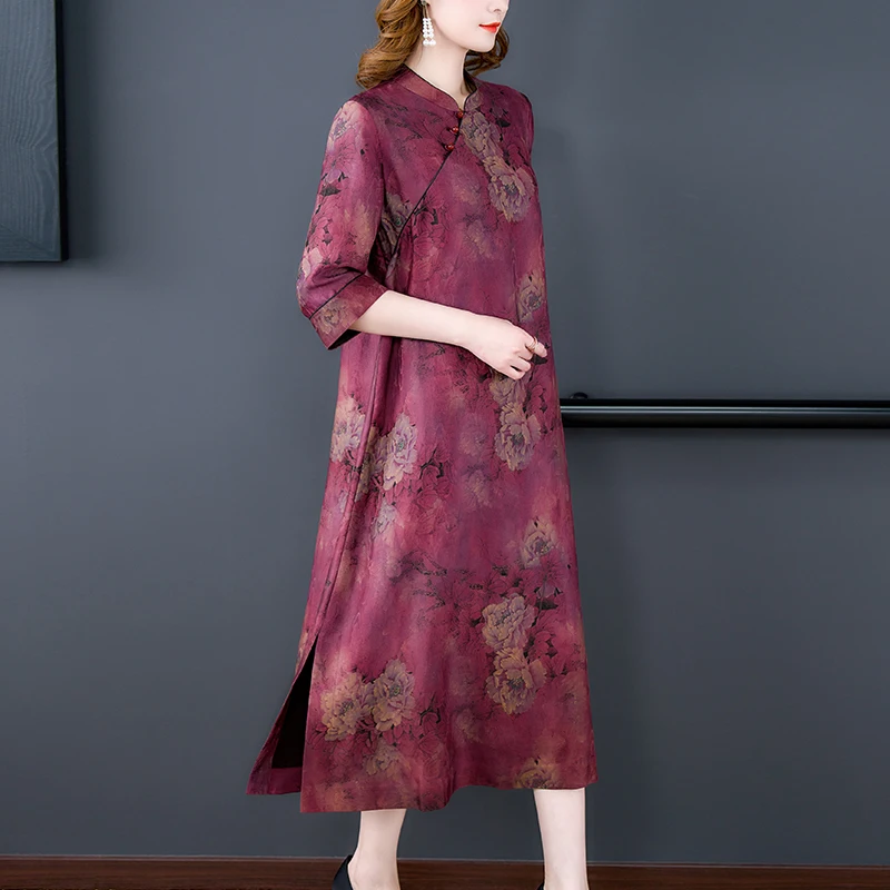 Women Red Floral Mulberry Silk Midi Dress Summer New Elegant Loose Waist Plus Size Dress 2024 Korean Vintage Casual Party Dress