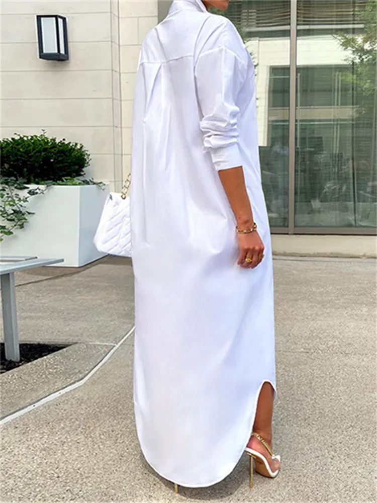 BWQ Women Autumn Long Dress Female Trendy Casual Loose Solid Color Long Sleeve Lapel Button Down Shirt Dress Ladies Streetwear