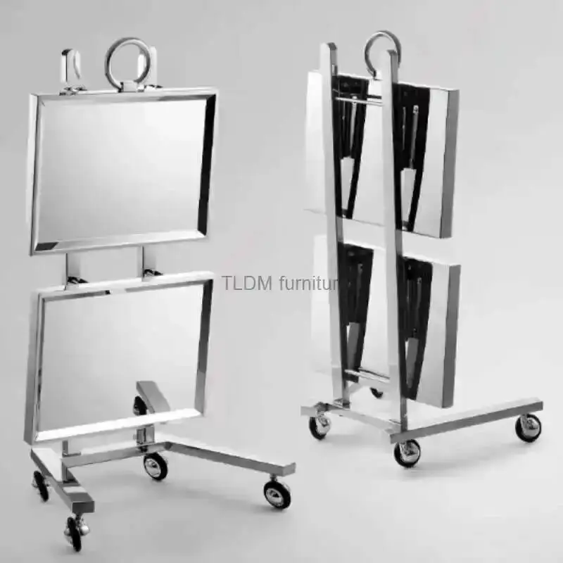 

Beauty Stainless Auxiliary Steel Cart with Wheels Salon Dyeing Trolley Cart Folding Bar Car Barber Shop Double Layer Trolleys