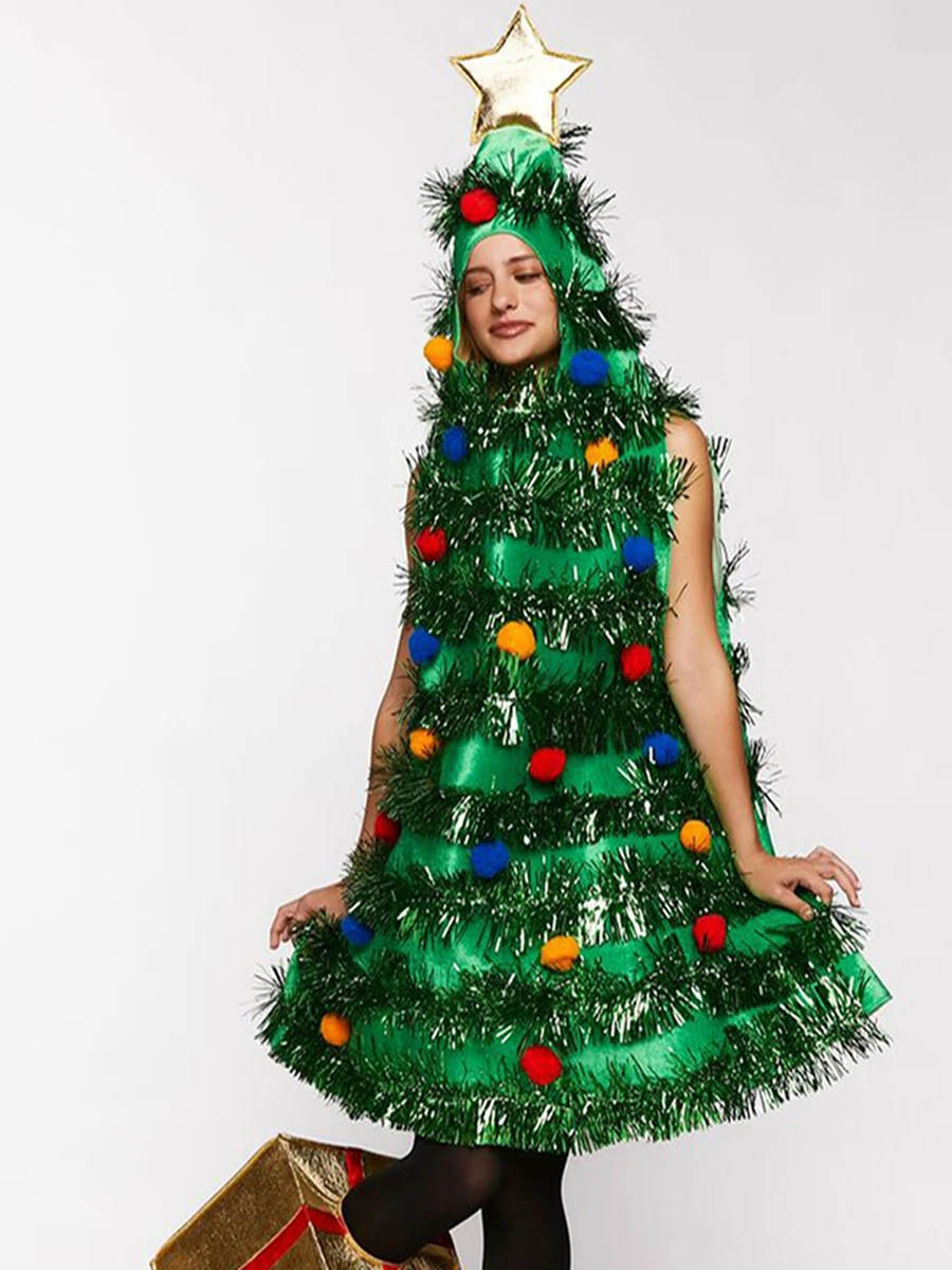 Christmas Tree Costume for Adults Women Mens Christmas Overall With Plush Ball Tinsel Outfits Funny Christmas Cosplay Party Prop