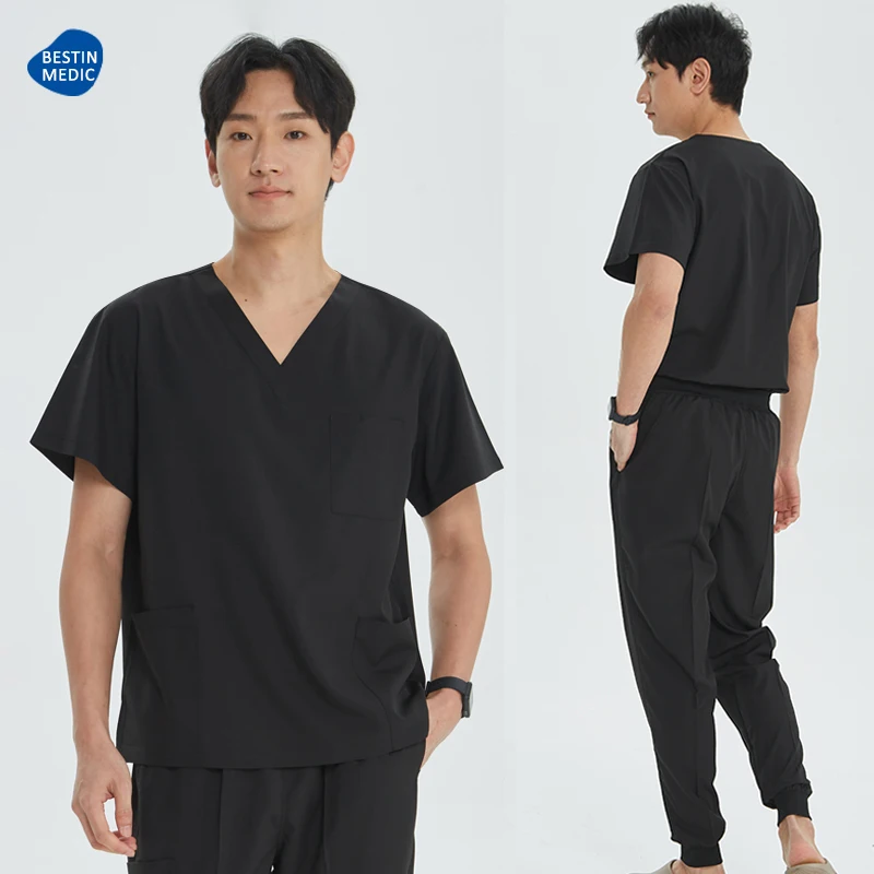 Bestin noir médecin infirmière gommage ensemble Polyester Spandex femmes hommes chirurgien tenue dentiste vêtements animaux de compagnie hôpital uniformes S21