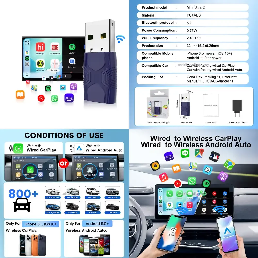 

Convert Wired to Wireless CarPlay Mini Ultra2 Portable CarPlay Android Auto Smart Box with Built-in WiFi and USB for