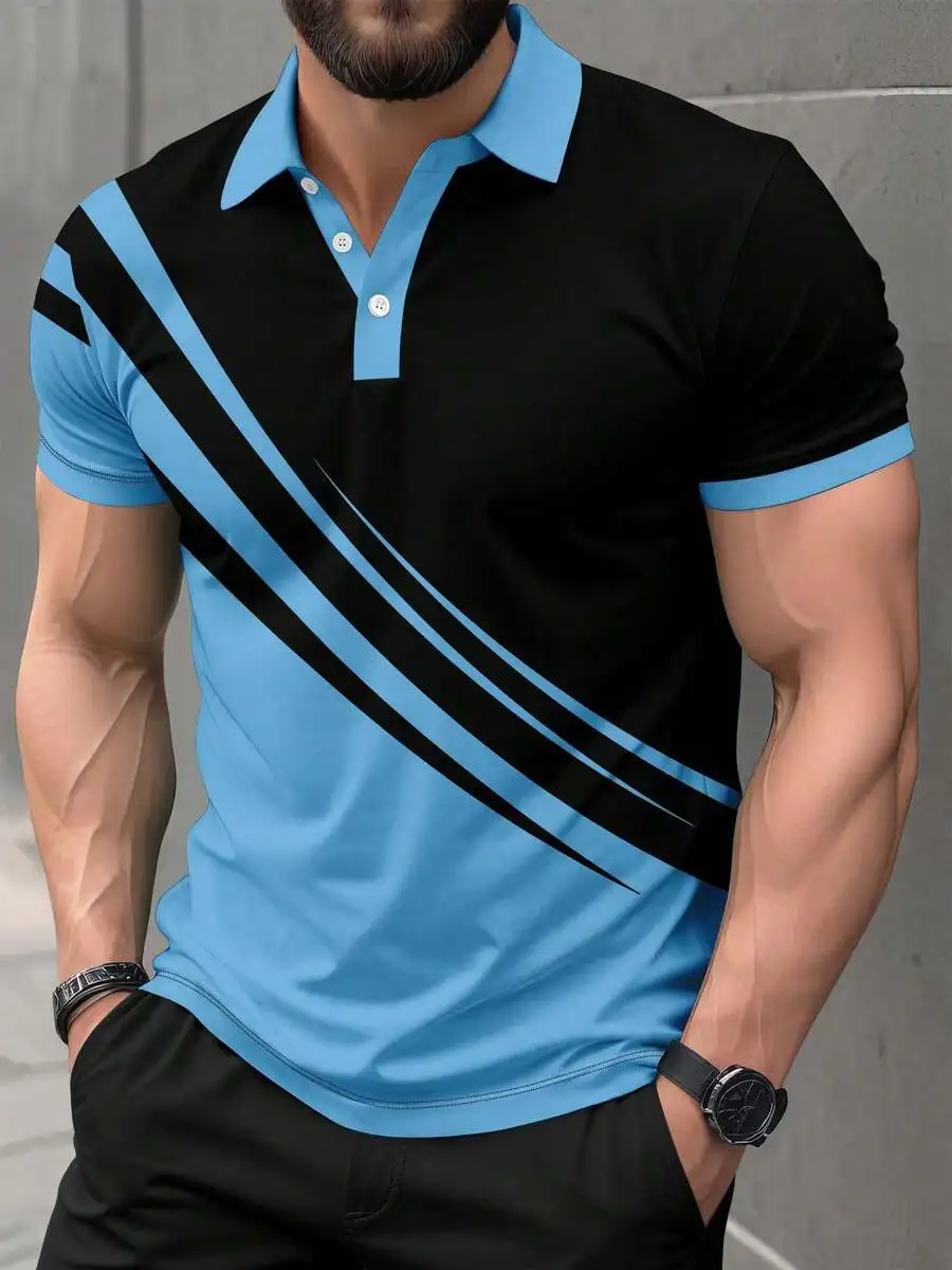 

Men's Short Sleeve Polo Shirt with Diagonal Stripe Design, Casual Summer Wear