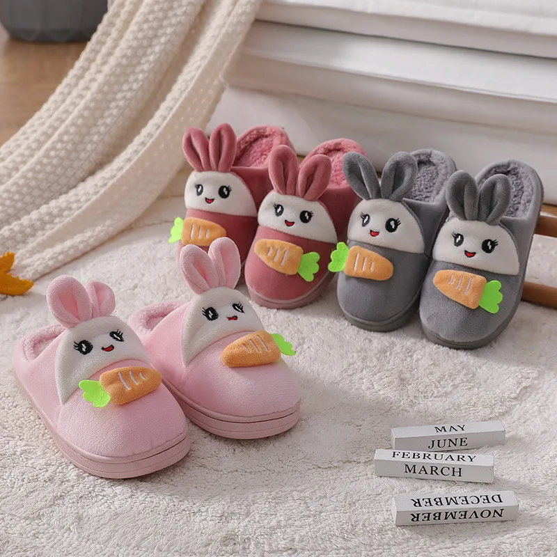 New Children's Cartoon Rabbit Slippers Autumn Winter Indoor Non-slip Girls Shoes Warm Plush Floor Slides Cute Kids Home Slippers