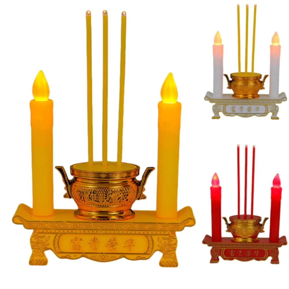 

New LED Electronic Candle Set Simulation Gold Incense Burner Set Durable with Batteries Candlestick Set Decoration