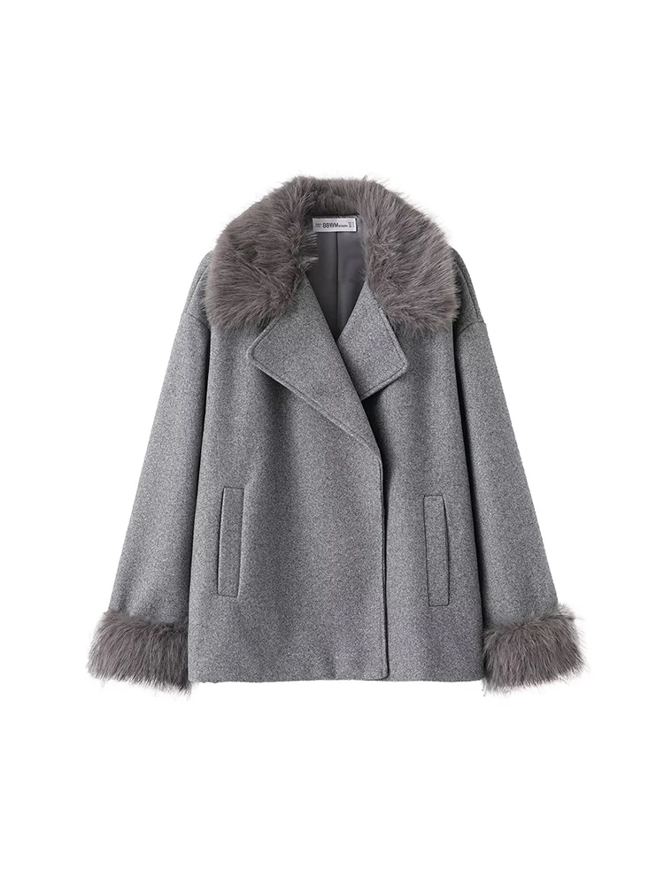 

European style new women's fashionable and versatile loose-fitting long-sleeved coat with fur collar top