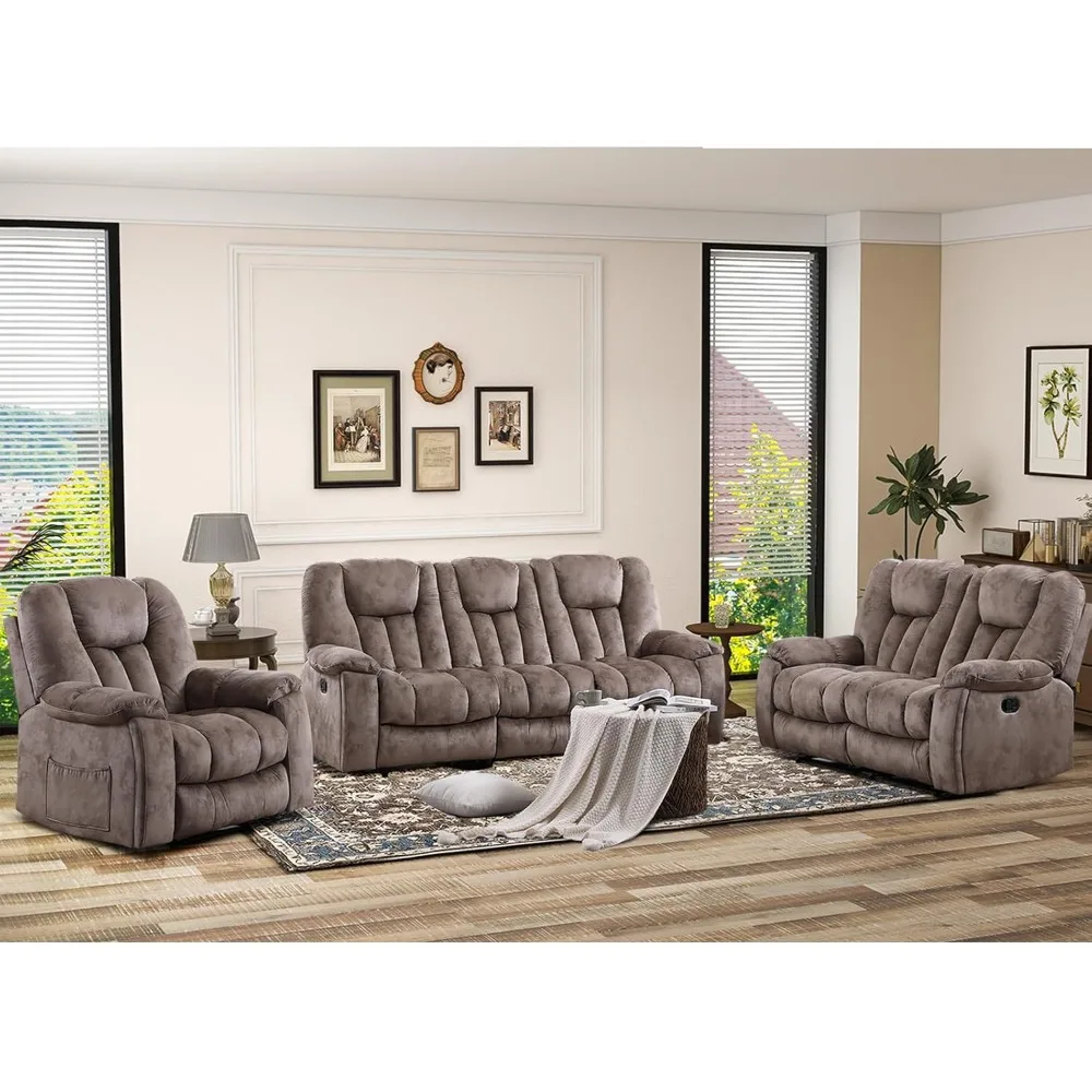 3 Pieces Recliner Sofa Furniture Set,Manual Recliner with Massage and Heat,Recliner Chair and 3 Seat Couch Set for Living Room