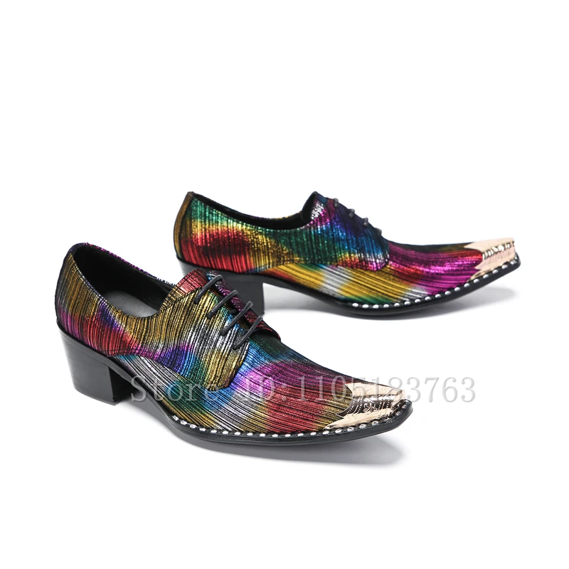 Men Rainbow Metallic Striped Pointed Toe Dress Shoes Metal Tip Lace Up Chunky Block Heel Oxford Shoes for Wedding Party