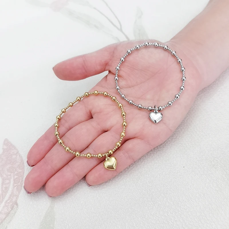 Waterproof Non Fading Metal Stainless Steel Jewelry Girl Party Durable Solid Round Beads Smooth Heart-Shaped Elasticity Bracelet