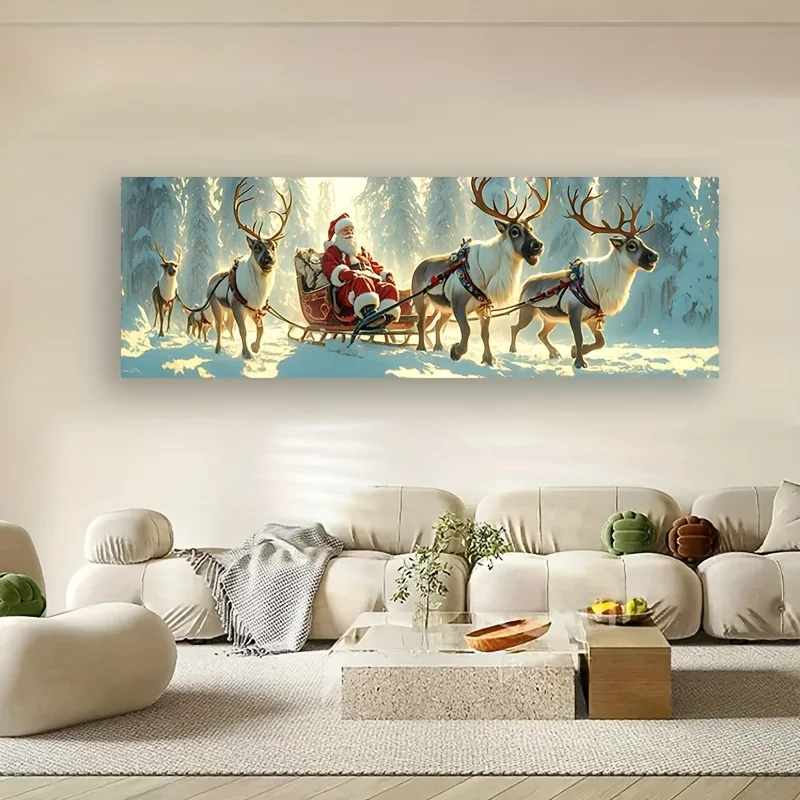 Snowy Wonderland Christmas Canvas Art - Holiday Santa Claus, Elk and Deer Poster Set for Living Room Decoration, Unframed, Ideal