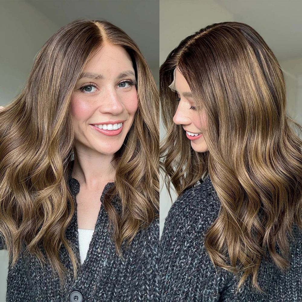 

Brunette Highlights Rooted Hair Synthetic Lace Front Wig for Women Luxury Party Wig Heat Friendly Fibre Pre Plucked Hairline