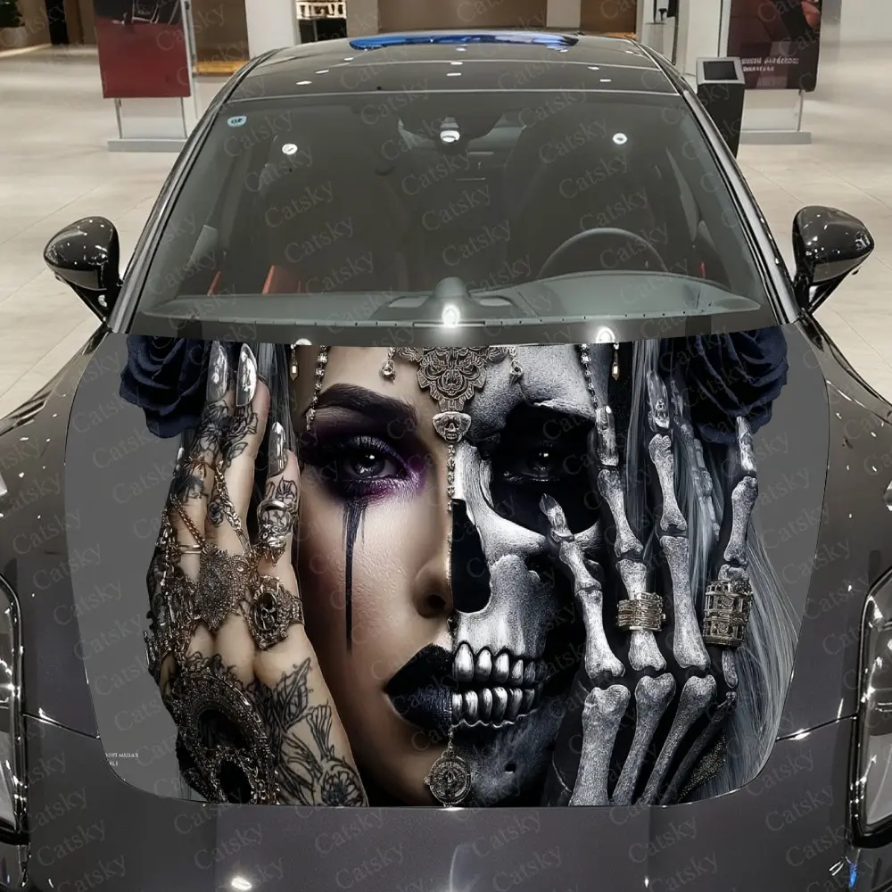 Tattooed Skull and Dark Makeup Car Vinyl Wrap, PVC Material Waterproof Car Hood Sticker, Self-Adhesive Scratch-Resistant Sticker