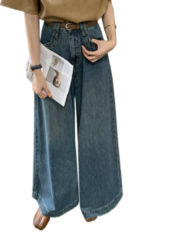 Damskie jeansy z wysokim stanem i szerokimi nogawkami, retro, luźny krój, maskujące niedoskonałości, długie spodnie, uniwersalne dżinsy denimowe na każdą porę roku.