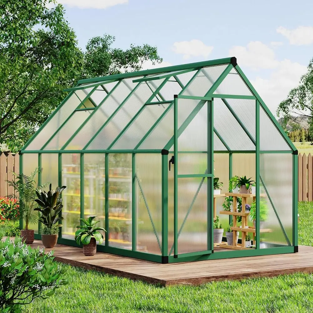 

6x11 FT Outdoor Greenhouse, Polycarbonate Greenhouse with Roof Vent and Ground Nails, Aluminum Large Walk-in Green House w/ Lock